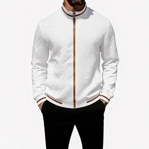 Men's Casual Stand Collar Full Zip Jacket Rhombic Texture Contrast Trim Sweatshirt Top Quilted Elbow Patch Coat