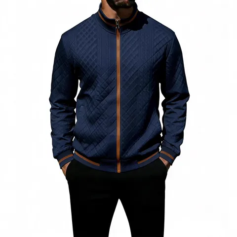 Men's Casual Stand Collar Full Zip Jacket Rhombic Texture Contrast Trim Sweatshirt Top Quilted Elbow Patch Coat