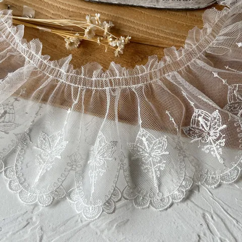 Butterfly Embroidery White Mesh Lace Trim Pleated Ribbon For DIY Lolita Dress Apparel Sewing Accessories Chemical Fiber Fabric