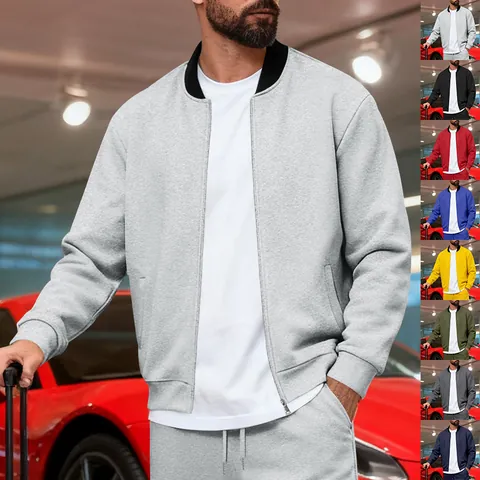 Chaqueta de Hombre Casual Estilo Americano Cuello Alto Cremallera Poliéster Punto Manga Larga Color Sólido Ligera Deportiva Top