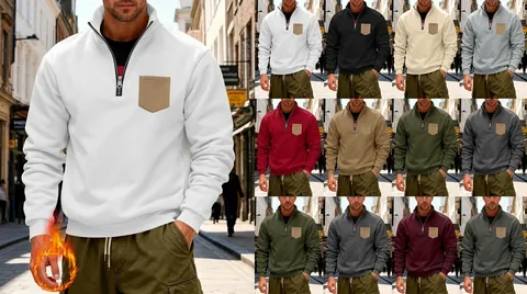 Men American Retro Heavyweight Fleece Sweatshirt Stand Collar Half Zipper Contrast Pocket Winter Warm Loose Fit Top