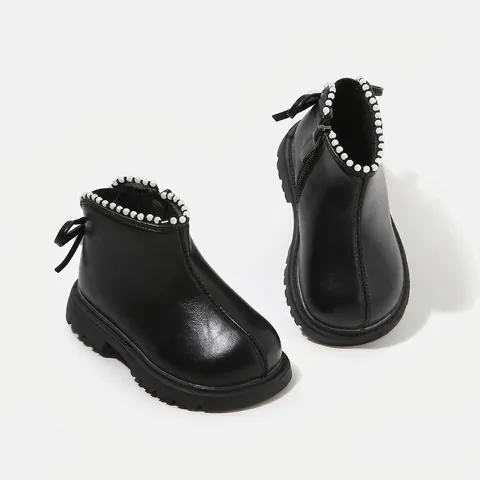 Bottes Martin pour Filles Chaussures en Cuir Microfibre avec Nœud en Perle Artificielle Fermeture Éclair Latérale Antidérapante Bottes Bambin