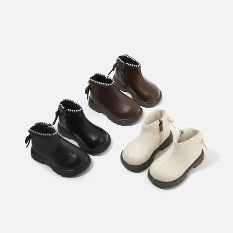 Bottes Martin pour Filles Chaussures en Cuir Microfibre avec Nœud en Perle Artificielle Fermeture Éclair Latérale Antidérapante Bottes Bambin