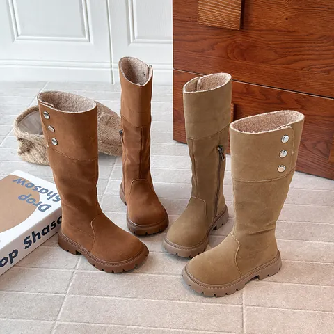 Girls Winter Plush Lined Tall Boots Maillard Style Faux Leather Side Zipper Fold-over Cuff Non-slip Warm Snow Boots For Kids