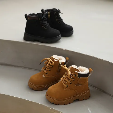 Kids Winter Martin Boots Warm Fleece Lined Toddler Short Boots For Boys Girls Non-Slip Soft Sole Side Zipper Laces Brown Black