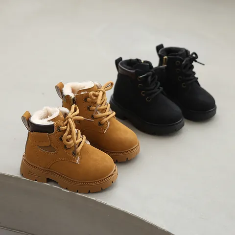 Kids Winter Martin Boots Warm Fleece Lined Toddler Short Boots For Boys Girls Non-Slip Soft Sole Side Zipper Laces Brown Black