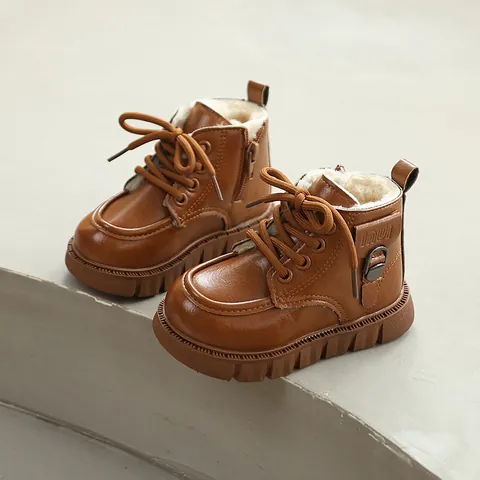 Winter Children Martin Boots Fleece Lined Thickened Waterproof Short Boots For Toddlers Kids Anti-Slip Rubber Sole Side Zipper PU Leather Casual Fashion Shoes