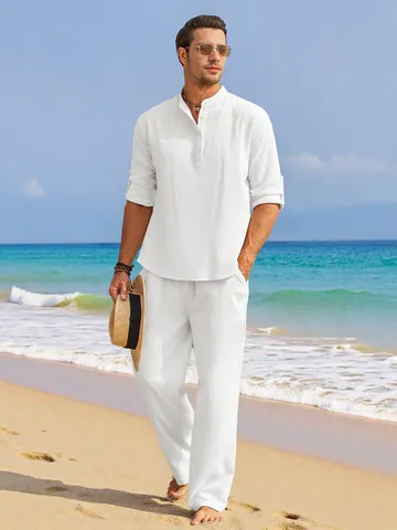 Ensemble en Lin pour Hommes Été Décontracté Chemise à Manches Longues à Col Montant et Pantalon à Cordon Couleur Unie