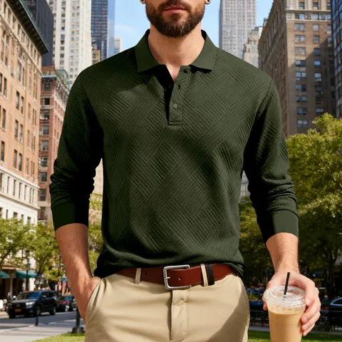 Heren Poloshirt Lange Mouw Zware Jacquard Textuur Amerikaanse Retro Casual Omgeslagen Kraag Pullover Sweatshirt Voor Herfst Winter Top