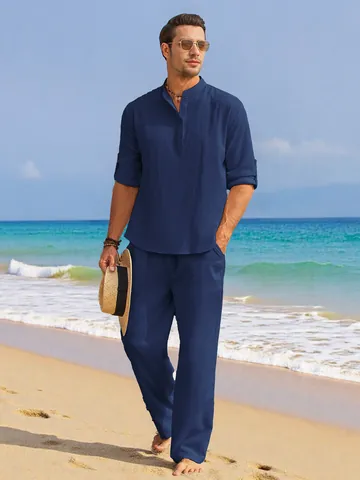 Ensemble en Lin pour Hommes Été Décontracté Chemise à Manches Longues à Col Montant et Pantalon à Cordon Couleur Unie