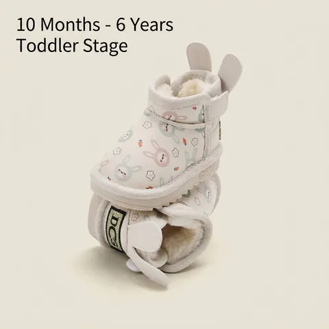 Warm Baby Winter Snow Boots With Cartoon Rabbit Pattern And 3D Ears Thick Fleece Lining Microfiber Leather Anti-slip Boots