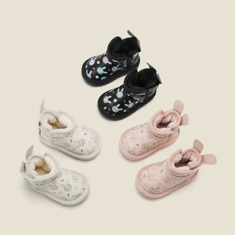 Warm Baby Winter Snow Boots With Cartoon Rabbit Pattern And 3D Ears Thick Fleece Lining Microfiber Leather Anti-slip Boots