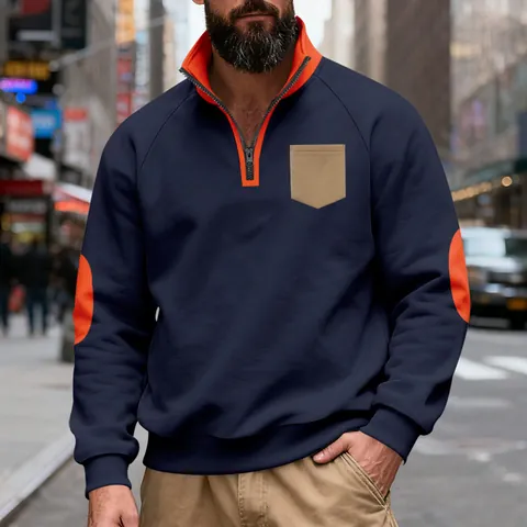 Men's Heavyweight Fleece Stand Collar Quarter-Zip Top Patchwork Contrast Elbow Patch Winter Casual Pullover Hoodie Sweatshirt