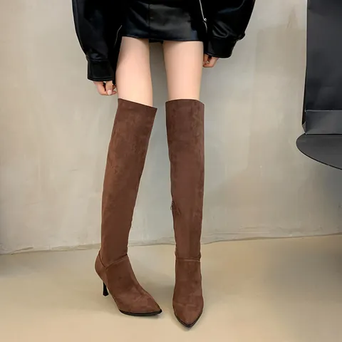 Botas por encima de la rodilla para mujer de gamuza con punta puntiaguda y tacón de aguja moda puño plegable botas largas otoño invierno