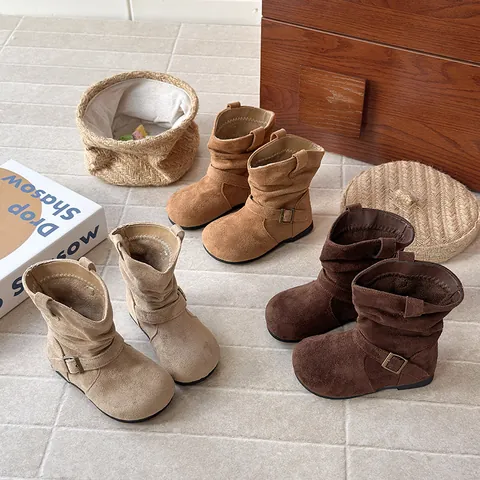French Vintage Girls Faux Suede Slouch Boots 2026 Autumn Winter Fashion Korean Style Mid-Calf Slip-On Boots For Kids