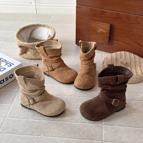 French Vintage Girls Faux Suede Slouch Boots 2026 Autumn Winter Fashion Korean Style Mid-Calf Slip-On Boots For Kids