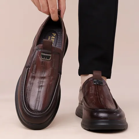 Men Genuine Leather Casual Shoes Thick Sole Slip-On Business Oxford Shoes British Style Wear-Resistant Loafers For Office Daily