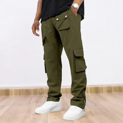 Men's Outdoor Leisure Solid Color Cargo Pants High Quality Multi-Pocket Design Straight Leg Trousers With Zipper Cuffs
