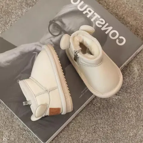 Toddler Kids Winter Snow Boots Waterproof PU Leather Plush Lined Warm Ankle Boots Side Zipper Cute Ears Anti-Slip Outdoor Shoes
