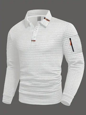Polo da Uomo a Manica Lunga Texture a Nido d'Ape Patchwork Top con Tasca con Cerniera sulla Manica Abbigliamento Moda