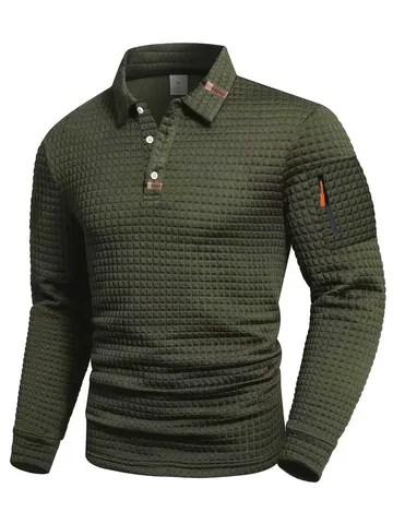 Polo da Uomo a Manica Lunga Texture a Nido d'Ape Patchwork Top con Tasca con Cerniera sulla Manica Abbigliamento Moda