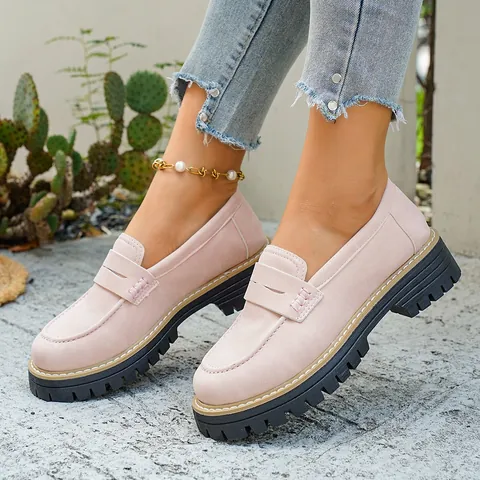 Mocassini da Donna Stile Britannico Vintage Suola Spessa Tacco Largo Pelle PU Casual Scarpe Punta Arrotondata Antiscivolo