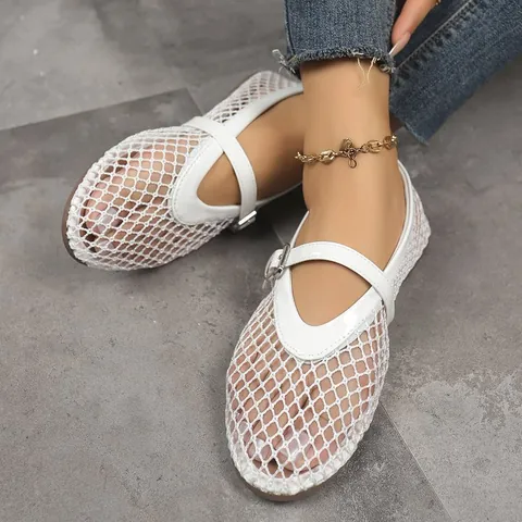 Sandales Plates en Maille pour Femmes 2025 Été Respirantes à Bout Rond Chaussures Mary Jane Boucle Métallique Chaussures Basses