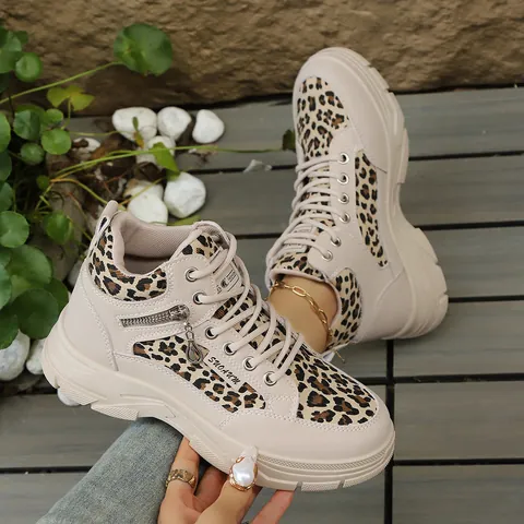 Zapatillas con Plataforma de Estampado de Leopardo para Mujer Estilo Preppy Casual Zapatos de Skateboard Cálidos Cómodos Khaki