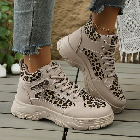 Zapatillas con Plataforma de Estampado de Leopardo para Mujer Estilo Preppy Casual Zapatos de Skateboard Cálidos Cómodos Khaki
