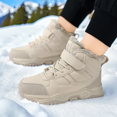 Kids Winter Snow Boots For Boys Waterproof Synthetic Leather Padded Warm Outdoor Shoes With Hook-and-Loop Faux Fur Lining Anti-slip