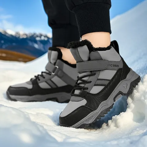 Kids Winter Snow Boots For Boys Waterproof Synthetic Leather Padded Warm Outdoor Shoes With Hook-and-Loop Faux Fur Lining Anti-slip