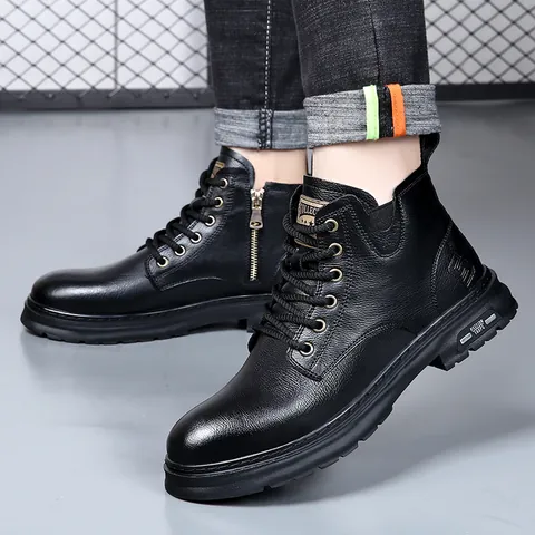 Bottines Martin en Cuir Véritable pour Hommes Doublées de Polaire Bottes de Travail d'Hiver Chaudes Rétro Coupe Moyenne Antidérapantes Semelle Épaisse Fermeture Éclair Latérale Bottes Décontractées