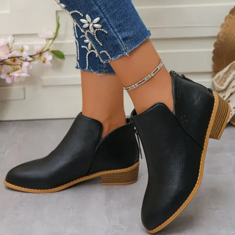 Women Fashion Pointed Toe Ankle Boots Synthetic Leather Chunky Heel Back Zipper Martin Boots For Ladies Casual Outdoor Walking