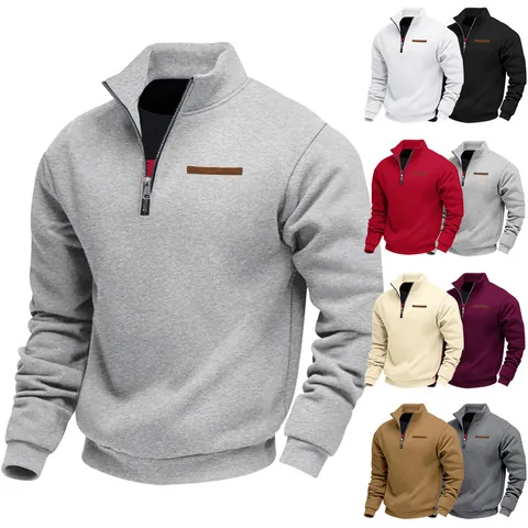 Heren Amerikaanse Stijl Kwart Rits Sweatshirt Staande Kraag Fleecegevoerd Effen Kleur Losse Casual Pullover Top Voor Lente Herfst