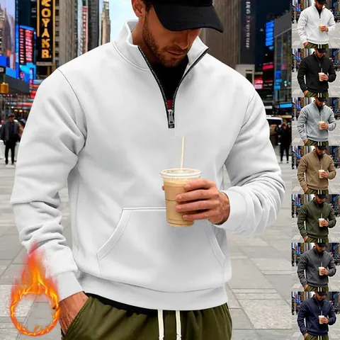 Men's Fleece Sweatshirt Half Zip Stand Collar Long Sleeve Polyester Pullover With Kangaroo Pocket Casual Solid Color Top