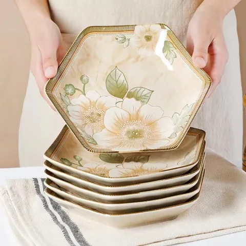Retro Camellia Hexagonal Ceramic Plate Nordic Creative Irregular Deep Dinner Plate For Home Kitchen Breakfast Salad Fruit