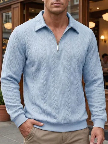 Heren Casual Kwart Rits Pullover Sweatshirt Getextureerd Kabelbreisel Lange Mouw Polyester Top Outdoor Herfst