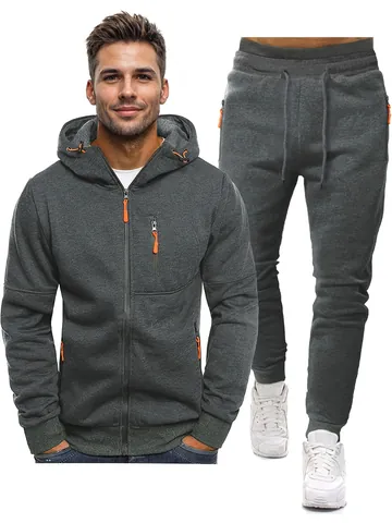 Survêtement Décontracté pour Hommes Doublé Polaire à Capuche Ensemble Top And Bottom avec Poches Zippées Style Américain