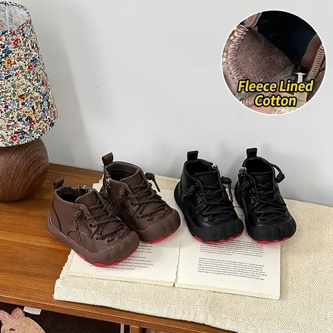 Toddler Kids Winter Short Boots Microfiber Leather Plush Lined Warm Walking Shoes Non Slip Contrast Red Sole Boys Girls Casual Booties