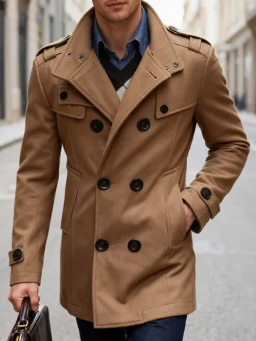 Ανδρικό Slim Fit Σταυρωτό Μάλλινο Παλτό Μεσαίο Μήκος Όρθιος Γιακάς Χειμερινό Αντιανεμικό Τζάκετ Business Casual Top