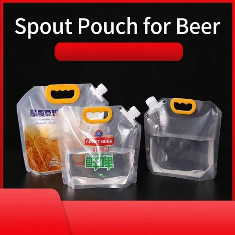 Transparent Stand-Up Spout Pouch Liquid Packaging Bag With Portable Yellow Handle For Beer Juice Beverage Storage Takeaway Pouch