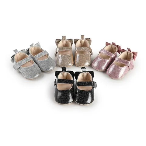 Baby Girl Mary Jane Pre-walker Shoes Synthetic PU Glitter Bow Soft Sole Newborn Infant First Walkers Hook And Loop Shoes