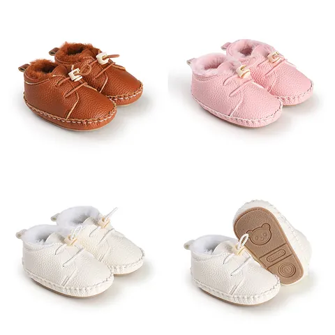 Baby Winter Fleece Lined Boots Synthetic Leather Non-slip Soft Sole Infant First Walker Shoes Newborn Toddler Warm Booties