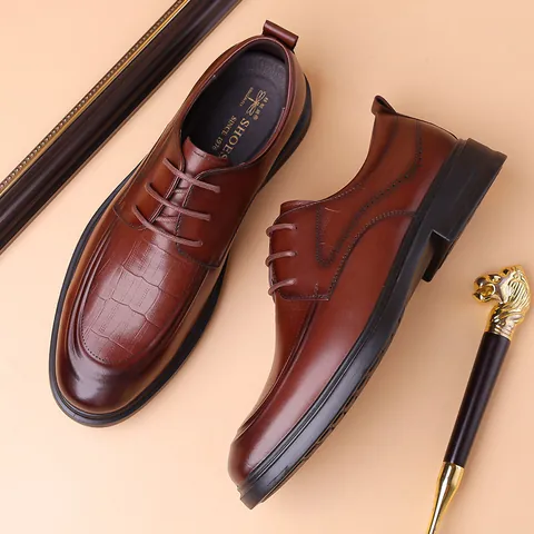 Men Business Dress Shoes Crocodile Pattern Split Cow Leather Derby Shoes British Style Formal Wedding Office Shoes