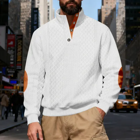 Men American Retro Heavyweight Texture Sweatshirt Stand Collar Contrast Color Elbow Patches Pullover Casual Loose Top