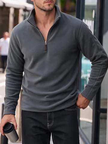 Men Casual Half-Zip Polar Fleece Sweatshirt Solid Color Stand Collar Thick Pullover Top For Autumn Winter Warm Jacket