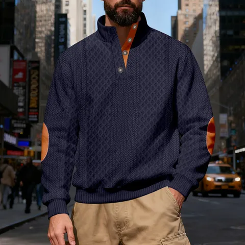 American Vintage Men Stand Collar Jacquard Sweatshirt Heavy Texture Contrast Elbow Patch Loose Casual Top
