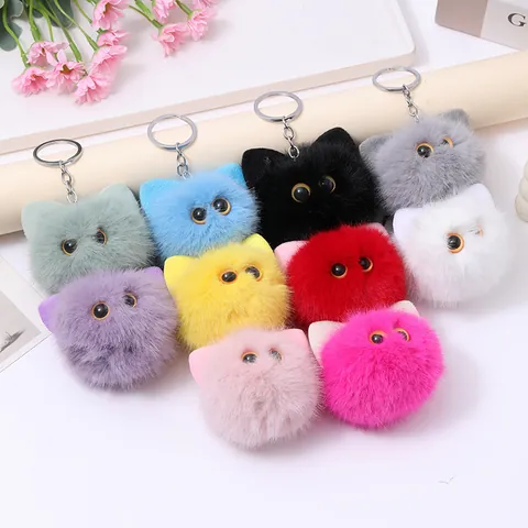 Cute Plush Cat Head Keychain Soft Cartoon Cat Face Bag Charm Fluffy Furry Animal Key Ring Ornament For Women Girls Gift