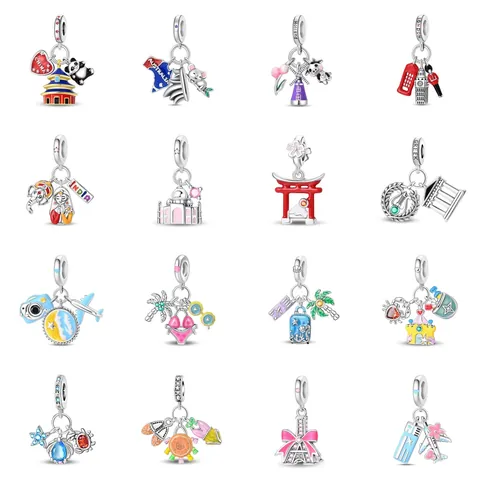 Tema di Viaggio Vacanza Rame Placcato Argento Smalto a Goccia Zirconia Ciondolo Spiaggia Mulino a Vento Big Ben Bracciale Charm Gioielli Fai-da-te Donna
