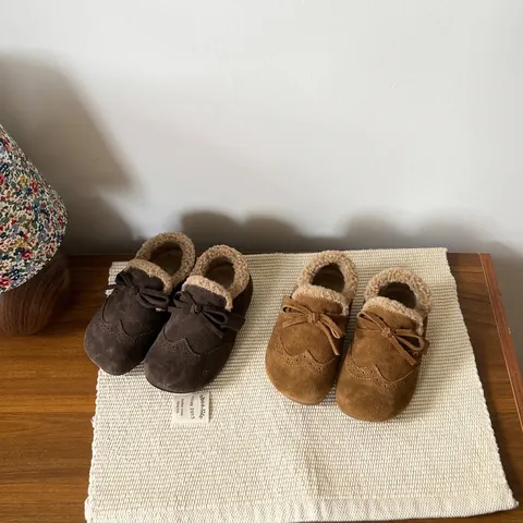 Girls Winter Fur Lined Leather Birkenstock Style Shoes Warm Brogue Bow Toddler Footwear